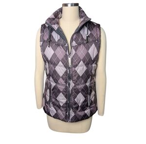 Vanity Women's Checkered Plaid Quilted Puffy Puffer Vest Purple Silver Like New